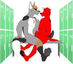 ahzi anthro black_nose blush canine chest_tuft duo erection frottage fur hair handjob humanoid_penis kasyl_(fursona) locker_room male mammal nude penis sex simple_background smile tuft wolf yaoi