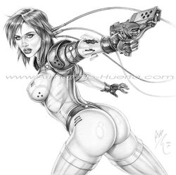 1girls actress anus armando_huerta ass celebrity covered_nipples cybernetics cyborg dat_ass erect_nipples female female_only ghost_in_the_shell ghost_in_the_shell_(2017) gloves gun kusanagi_motoko long_hair monochrome pistol scarlett_johansson solo url watermark weapon white_background