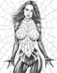 1girls actress armando_huerta black_hair bodysuit celebrity cindy_moon covered_nipples erect_nipples female female_only long_hair marvel marvel_comics mila_kunis monochrome silk_(marvel) solo spider-man_(series) spider_web watermark web