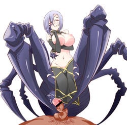 1boy :p arachne arachnid_humanoid arachnid_taur blush breasts carapace censored claws detached_sleeves drider female footjob hand_on_own_cheek insect_girl large_breasts lavender_hair male_pubic_hair monster_girl monster_musume_no_iru_nichijou multi_eye multi_leg multi_limb navel niiragi nipples pelvic_curtain penis pubic_hair rachnera_arachnera red_eyes simple_background smile solo_focus spider_girl tongue tongue_out white_background