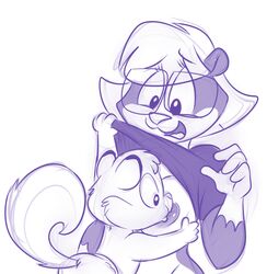 anthro big_breasts black_and_white breast_sucking breastfeeding breasts clothed clothing eyewear fur glasses hair half-dressed lonbluewolf mammal monochrome nipples sabrina_online shirt sketch skunk sucking timmy