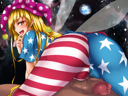 american_flag american_flag_legwear american_flag_shirt ass blonde_hair blush censored clownpiece dry_humping fairy_wings female from_behind hat humping jester_cap long_hair looking_back open_mouth pantyhose penis precum pussy_juice red_eyes smile toto_(toto_casanova) touhou very_long_hair wings