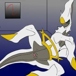 2010 arceus black_scales dragonofdarkness13 edit female feral furry green_sclera legendary_pokemon nintendo pokemon presenting pussy raised_leg red_eyes solo spread_legs spreading video_games white_skin yellow_skin