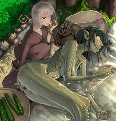 2girls anal_beads areola bangs basket breasts brown_eyes clothing cucumber deep_penetration excessive_pussy_juice female fish green_eyes green_skin grey_hair huge_breasts interspecies jajala japanese_clothes kappa kimono licking monster_girl multiple_girls no_ass object_insertion on_side original pale_skin penetration pointy_ears pussy_juice sagging_breasts shell short_tail size_difference squatting surprised sweat tail trembling vaginal_insertion vaginal_penetration water wide_eyed yuri