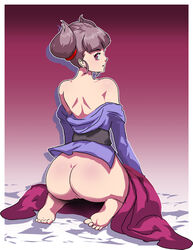 ass brown_eyes brown_hair daga feet female gradient_background hair_ribbon japanese_clothes kazama_kotaro_(yatagarasu) kimono looking_back pussy short_kimono short_twintails soles tied_hair tomoyuki_kotani twintails yatagarasu_(game)