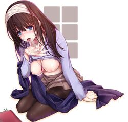 black_legwear blue_eyes blush breasts brown_hair cum cum_in_mouth cum_on_tongue cumdrip female hairband idolmaster idolmaster_cinderella_girls jewelry long_hair necklace nipples open_mouth ouma_tokiichi pantyhose sagisawa_fumika scarf_removed shirt_lift simple_background sitting skirt solo sweat tears thighband_pantyhose tongue tongue_out yokozuwari