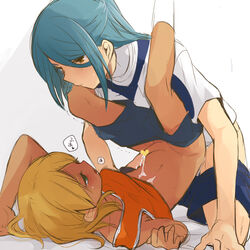 2boys anal aqua_hair blonde_hair blue_hair blush brown_eyes censored cum cum_on_body cum_while_penetrated erection erection_while_penetrated femboy gay girly green_eyes hair_over_one_eye heart heart_censor ichirouta_kazemaru inazuma_eleven inazuma_eleven_(series) inazuma_eleven_go inazuma_eleven_go_galaxy long_hair male male_only miyasaka_ryou multiple_males open_mouth penis sex shorts shorts_pull simple_background soccer_uniform spoken_heart sportswear tank_top time_paradox tomo_(sjim) yaoi