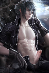 black_gloves black_hair erection final_fantasy final_fantasy_xv gloves human jacket leather leather_gloves male male_only noctis_lucis_caelum penis realistic sakimichan sitting soft_shading solo watermark