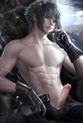 black_gloves black_hair erection final_fantasy final_fantasy_xv gloves human leather leather_gloves male male_only noctis_lucis_caelum penis realistic sakimichan sitting soft_shading solo watermark