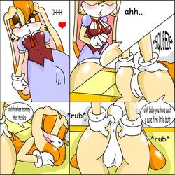 ass bulge clothing comic cream_the_rabbit dialogue dress female futa_on_female futanari gloves heart intersex open_mouth perverted_bunny presenting presenting_hindquarters shirt_cuffs sonic_(series) vanilla_the_rabbit