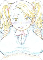 breasts color_trace female gundam gundam_build_fighters gundam_build_fighters_try male paizuri paizuri_under_clothes sangou_(metal-wind) sazaki_kaoruko smile solo_focus straight sweat tied_hair traditional_media twintails