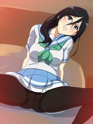 anus ass black_hair blue_eyes blush breasts clothing female glasses hibike!_euphonium large_breasts legs long_hair looking_at_viewer no_panties over-rim_glasses pantyhose pointy_chin pussy red-framed_glasses school_uniform semi-rimless_glasses sitting skirt solo spread_legs tanaka_asuka thighs uncensored yuki_(12cut)