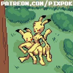 1boy 1girls ambiguous_penetration animated anthro anthrofied ass black_eyes black_fur bouncing_breasts breasts brown_fur cum cum_inside digital_media_(artwork) distracting_watermark duo electricity electrocution female furry grass male mammal nintendo nipples nude on_top orgasm outdoors patreon penetration pikachu pixel_art pixpok pokémon_(species) poképhilia pokemon pokemorph rodent sex tail text tree url video_games watermark yellow_fur