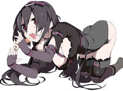 belt black_gloves black_hair black_legwear black_thighhighs breasts clothing elbow_gloves female fingerless_gloves food frilled_legwear frills gloves kneeling long_hair multiple_belts nipples open_mouth purple_eyes ring_dream sexually_suggestive shadow_hosono simple_background solo thighhighs tongue tori0714 white_background