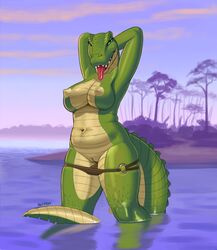 alligator anthro big_breasts bikini breasts chubby fangs female green_eyes green_sclera half-dressed hands_behind_head lake looking_at_viewer nature navel open_mouth outside panties panties_down partially_submerged reptile scales scalie siyah smile solo swimsuit thick_tail thick_thighs tongue tongue_out topless tree underwear voluptuous water wet wide_hips