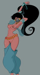 aladdin arabian_clothes black_hair breasts dancer disney disney_princess female female_only harem_outfit human long_hair mouth_veil nipple_piercing nipples piercing princess_jasmine pubic_hair pussy solo veil youngjaerome