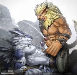 2boys abs anthro blue_eyes cum cum_on_penis digimon erection furry gay interspecies leomon lion male male_only masturbation multiple_boys muscles nipples penis penises_touching text todex topless veins veiny_penis wolf yaoi yellow_eyes