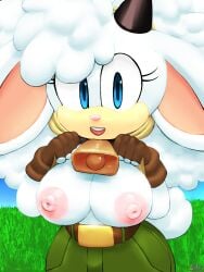 aerosin bell bell_collar belt big_breasts blue_eyes cargo_pants collar ears_down fingerless_gloves fluffy fluffy_hair fluffy_tail gloves hairband horn idw_comics idw_publishing lanolin_the_sheep large_breasts looking_at_viewer mobian_(species) nipples sega sheep sheep_girl shirt_lift sonic_(series) sonic_the_hedgehog_(comics) sonic_the_hedgehog_(idw) sonic_the_hedgehog_(series) tagme tail white_body white_fur white_hair