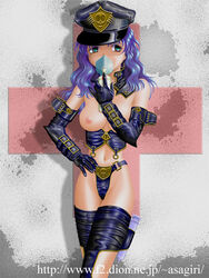 asagiri_(houri-ten) bondage breasts dominatrix elbow_gloves excel_saga female femdom gas_mask gloves hat hyatt latex leather navel nipples purple_hair respirator thighhighs topless