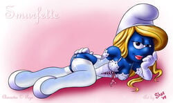 2004 ayvuir_blue blonde_hair blue_eyes blue_skin bustier female female_only garter_belt lingerie shax_(artist) shaxbert shaz smurf smurfette solo stockings the_smurfs thighhighs