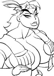 black_and_white breasts clothes feather female female_only hair headband human line_art looking_at_viewer monochrome open_eyes round_ears rule_63 solo straight_hair street_fighter thunder_hawk turk128 vest white_background