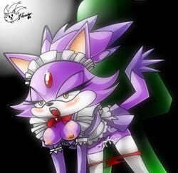 all_fours anthro blaze_the_cat blush cat cum exposed exposed_breasts exposed_pussy feline female fur maid_uniform male mammal nancher open_mouth panties_down sega sonic_(series) sonic_the_hedgehog_(series) stockings straight straight_hair tagme