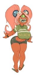 1_eye 1girls breasts cacodemon_(doom) cookie_demon_(robotjoe) demon doom female green_eyes green_sclera huge_breasts large_breasts midriff pigtails pink_hair red_skin robotjoe sandals short_shorts soul_sphere_(doom) sweater tagme text_on_clothing wide_hips