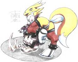 2004 anthro ass breasts color digimon female female_only fur furry lowres renamon sawblade_(artist) skull solo tagme vulva