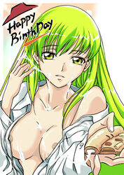 c.c. cheese code_geass food green_hair long_hair nipples open_clothes open_shirt pizza pizza_hut product_placement sexually_suggestive shirt what yellow_eyes