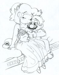 1boy 1girls breast_sucking clothes female hat hope(n_forever) human male mario mario_(series) monochrome mustache nintendo one_breast_out princess_peach sitting straight straight_hair tagme