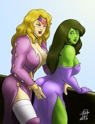 2013 2girls ass ass_grab big_breasts blonde_hair blue_eyes blush busty callmepo cleavage color colored dress female female_only gloves green_eyes green_hair green_skin huge_breasts hulk_(series) jennifer_walters large_breasts lipstick long_gloves marvel marvel_comics she-hulk stockings titania_(marvel) voluptuous yuri