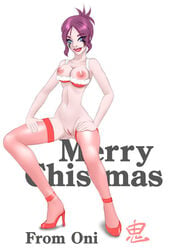 1girls blue_eyes breasts christmas female female_only marvel marvel_comics nipples nude oni_(artist) purple_hair solo straight_hair tessa_sage x-men