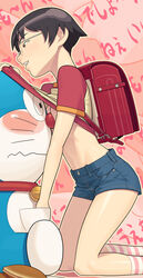 backpack bag brown_eyes brown_hair doraemon doraemon_(character) flat_chest glasses go_robots nobita_nobi raglan_sleeves randoseru rule_63 shirt_lift short_hair shorts