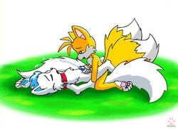 anthro cum fox fur furry furry_only furry_tail handjob kneeling lying male male_only multi_tail multiple_boys no_humans nude on_back penis sega sex side_view sonic_(series) straight_hair tail tails twotails yaoi