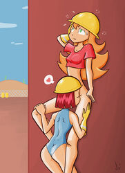 2girls against_wall closed_eyes cunnilingus engineer engineer_(team_fortress_2) female female_only femengineer gloves green_eyes hand_on_head hand_on_own_head heart jopereira multiple_girls oral orange_hair outdoors outside partially_clothed red_hair rule_63 sweat tagme team_fortress_2 white_skin yuri