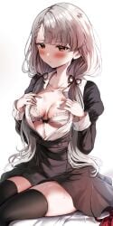 1girls absurdres bare_shoulders black_thighhighs blush bra braid breasts brown_eyes cleavage collarbone commentary dress earrings grey_dress grey_hair highres hisakawa_nagi idolmaster idolmaster_cinderella_girls jewelry long_hair long_sleeves low_twintails medium_breasts off_shoulder open_clothes open_dress parted_lips sak_(lemondisk) simple_background sitting solo sweat thighhighs thighs twintails underwear white_bra