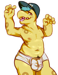 1boy baseball_cap briefs bulge clothing front_view gecko glitter_trap_boy hat lizard looking_at_viewer male male_focus male_only navel nipples open_mouth original original_character pubes raised_arm reptile scalie solo standing tongue tongue_out topless underwear unnamed_character white_underwear