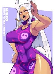 1girls animal_ears big_breasts boa_hancock boa_hancock_(cosplay) boku_no_hero_academia breasts butter_sugoi character_name cosplay curvy dark-skinned_female dark_skin dress earrings female female_only hand_on_own_hip highres impossible_clothes impossible_dress jewelry large_breasts long_hair miruko my_hero_academia one_piece open_mouth purple_dress rabbit_ears rabbit_girl rabbit_tail red_eyes rumi_usagiyama side_slit snake_earrings solo tail thick_thighs thighs white_hair
