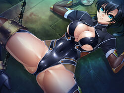 angry black_hair blue_eyes bondage breasts cameltoe cleavage collar curvy earrings erect_nipples female fishnets fuuma_tokiko gisuke high_heels kagami_hirotaka large_breasts long_hair lying on_back partially_visible_vulva shiny_skin skin_tight solo spread_legs taimanin_asagi_battle_arena