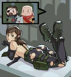 2015 ammo_pouch ass belt bikini_top bikini_top_undone binoculars boots brown_hair canine chibi diamond_dog dog eyepatch female fur gloves green_eyes holding_binoculars kojima_productions looking_at_viewer lying_on_stomach male metal_gear metal_gear_solid_v pantyhose ponytail quiet_(metal_gear) revolver_ocelot sideboob splashbrush thigh_pouch torn_pantyhose