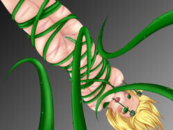 blonde_hair blush bondage breast_bondage breasts dark_magician_girl empty_eyes facial_mark female gradient_background green_eyes hakase6287 nipples open_mouth plant pussy sweat tentacle thorns torture whip_marks yu-gi-oh! yuu-gi-ou_duel_monsters