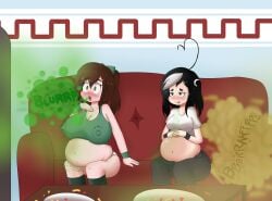 2girls big_breasts black-haired_female black_hair bloated bloated_belly bloated_stomach breasts brown-haired_female brown_hair burp burp_cloud burp_fetish burping burpy_chan enjoying_farting fanning fart fart_cloud fart_fetish farty_chan female funlitogc gassychan_(artist) gina_(funlitogc) heart large_breasts leg_lift leti overweight overweight_female pantsless pleasure_face