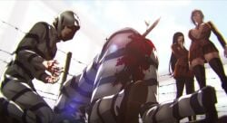 anal big_ass big_butt big_butt_(male) black_hair blood_stain embarrassment fujino_kiyoshi gore guro hero kurihara_mari_(prison_school) nezu_jouji prison_school shiraki_meiko two_men two_women white_hair