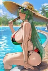 ai_generated azur_lane bikini bikini_bottom bikini_top blacked blush bracelet breath_cloud drool earrings green_hair littorio_(azur_lane) looking_at_viewer pan-african_colors pan-african_flag pan-african_flag_bikini pool poolside popsicle race_fetishism raceplay red_eyes red_highlights string string_bikini string_panties sucking_popsicle sun_hat sunglasses sunglasses_on_head sunhat sweatdrop