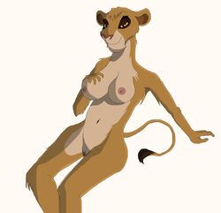 2015 alpha_rain anthro breasts disney feline female female_only fur furry furry_only lion lioness mammal nipples nude pussy simple_background smile solo the_lion_king vitani white_background