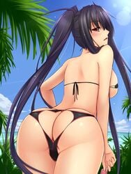 1girls akitsuki_karasu anal anal_access anal_only anal_only_panties ass ass_cleavage ass_cutout backless_panties bare_shoulders bikini black_bikini black_hair blush butt_crack condom condom_wrapper dat_ass female female_only from_behind heart_cutout highres huge_ass kurochijo leaning_forward long_hair looking_back open_mouth original palm_tree panties ponytail purple_hair red_eyes shiny shiny_skin solo summer sweat swimsuit thighs tied_hair tree underwear very_long_hair