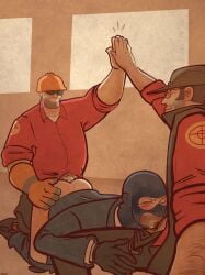 2boys anal anal_sex ass balaclava blowjob blush daskingu double_penetration eiffel_tower eiffel_tower_position engineer_(team_fortress_2) fellatio gloves high_five male male_only oral oral_sex pants_down penis sex sniper_(team_fortress_2) spy_(team_fortress_2) suit sunglasses team_fortress_2 threesome wince yaoi