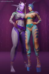 2girls aki-lo_(monsoontick) belly_dancer breasts dancer dancer_outfit dracthyr_(visage) elanaris_(monsoontick) female heels monsoontick oiled_skin pussy warcraft world_of_warcraft