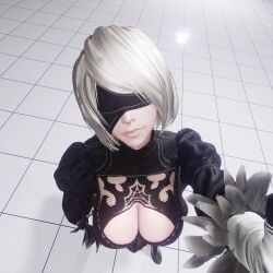 breasts from_above presenting smirk white_tiles yorha_2b