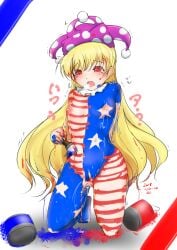 american_flag blonde_hair bodypaint breasts clownpiece female female_masturbation hat jester_cap lactation long_hair masturbation naked_paint nipples paint_can painted_clothes red_eyes shikihuton_(shikifuton) small_breasts solo touhou